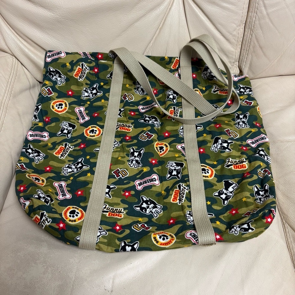 Handmade FRENCH BULLDOG Camouflauge Tote Bag Green Brown Handles Frenchie
